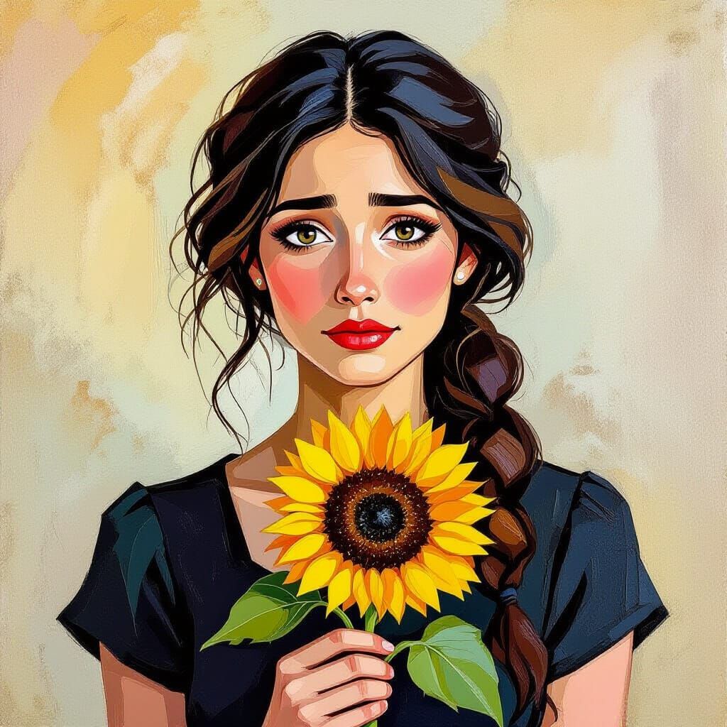 Anxious Wife with Sunflower in Gouache Style