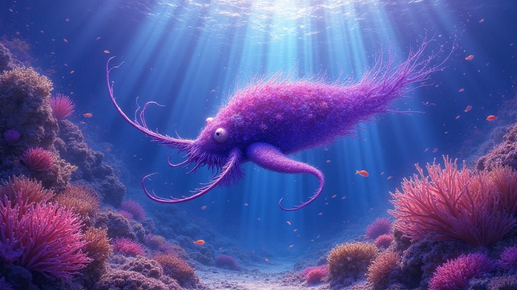 Vibrant Purple Ocean Depths with Majestic Cuttlefish