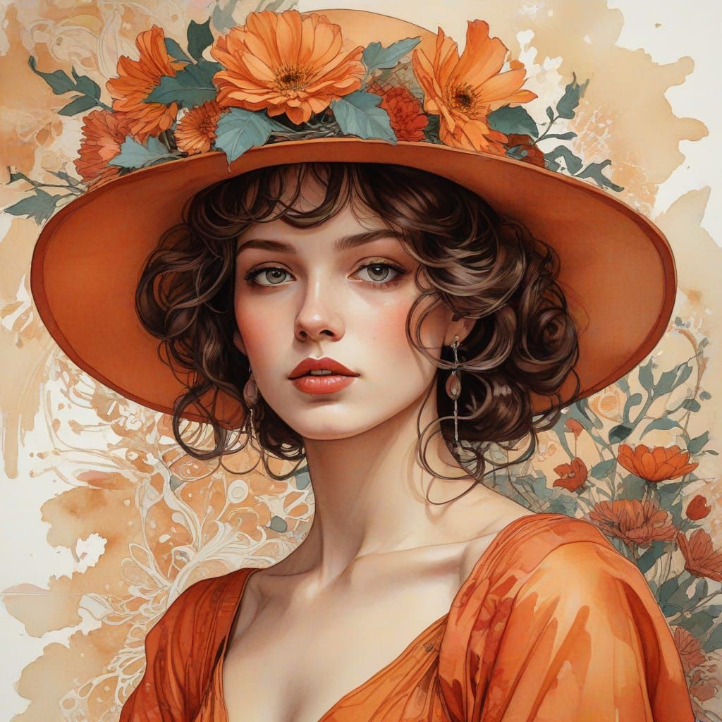 Woman in Orange Dress: Watercolor and Ink Illustration