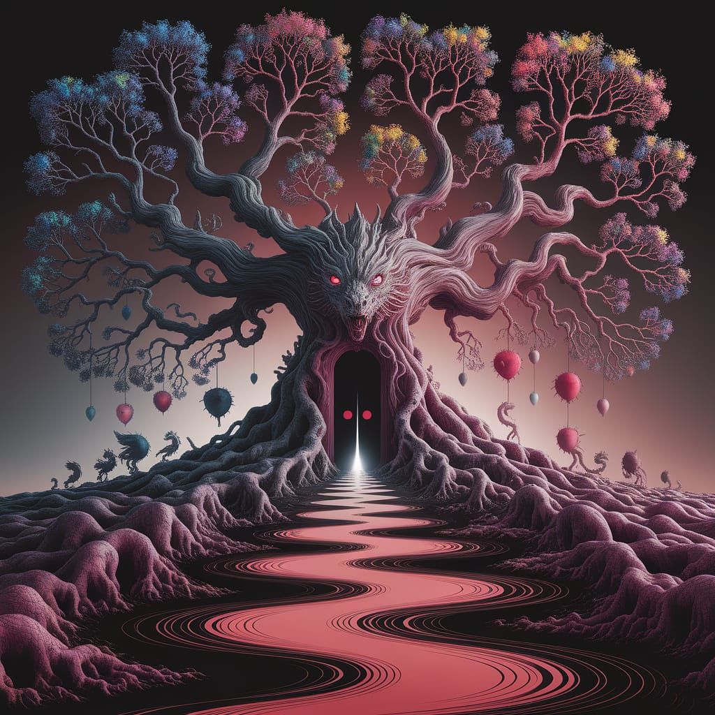 Dark Surrealist Chimera Tree in Intricate Bosch Aesthetic