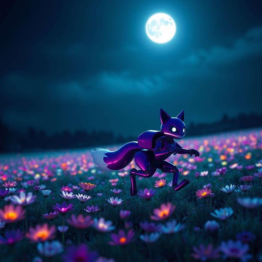 Purple Fox Robot Illuminates Pastel Dreamscapes Under Moonli...