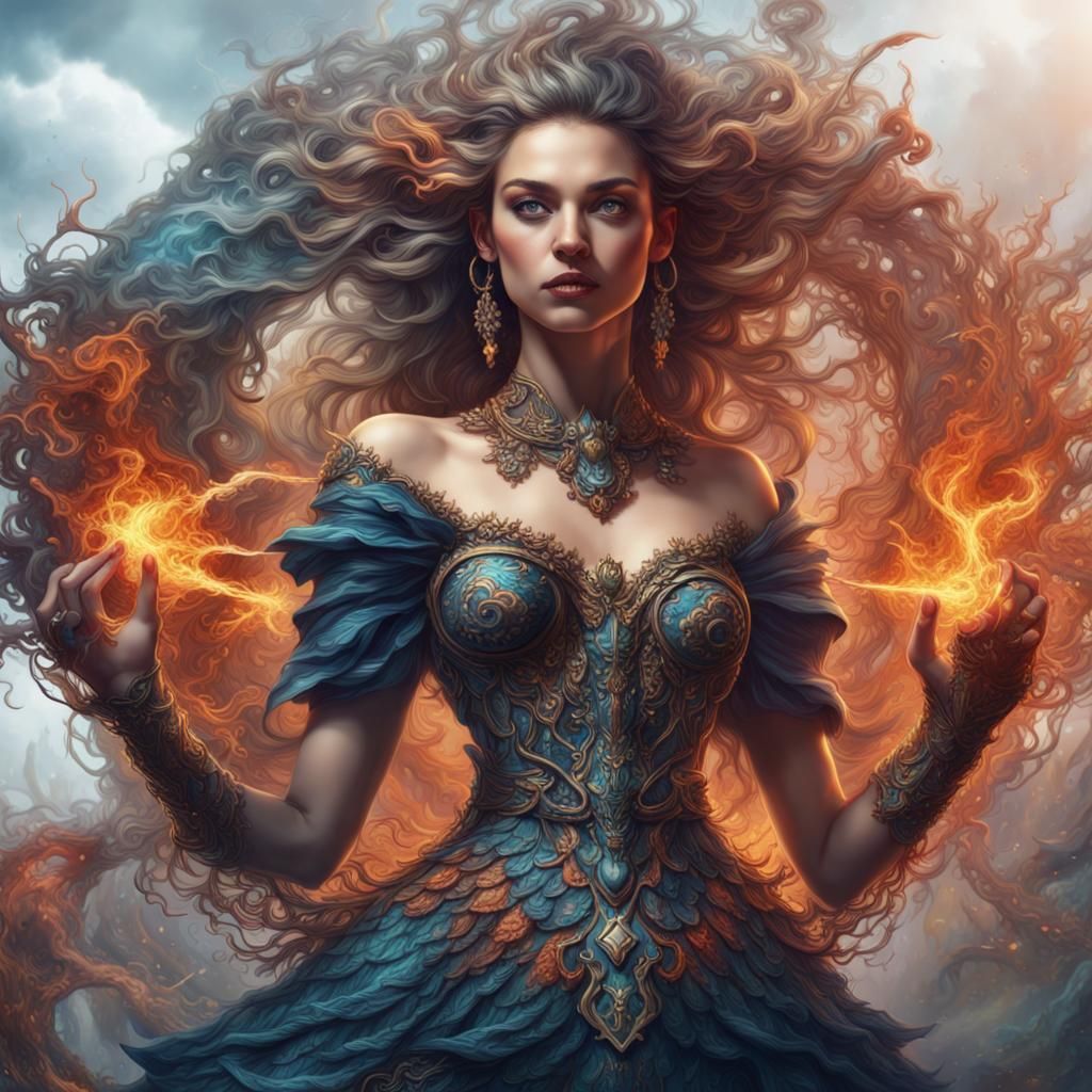 Metal Elemental Woman's Detailed Embroidery Art