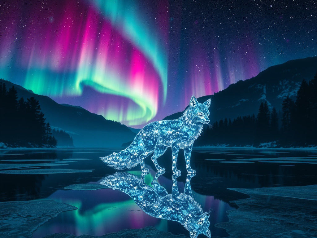 Ethereal Fox Made of Starlight on Frozen Lake