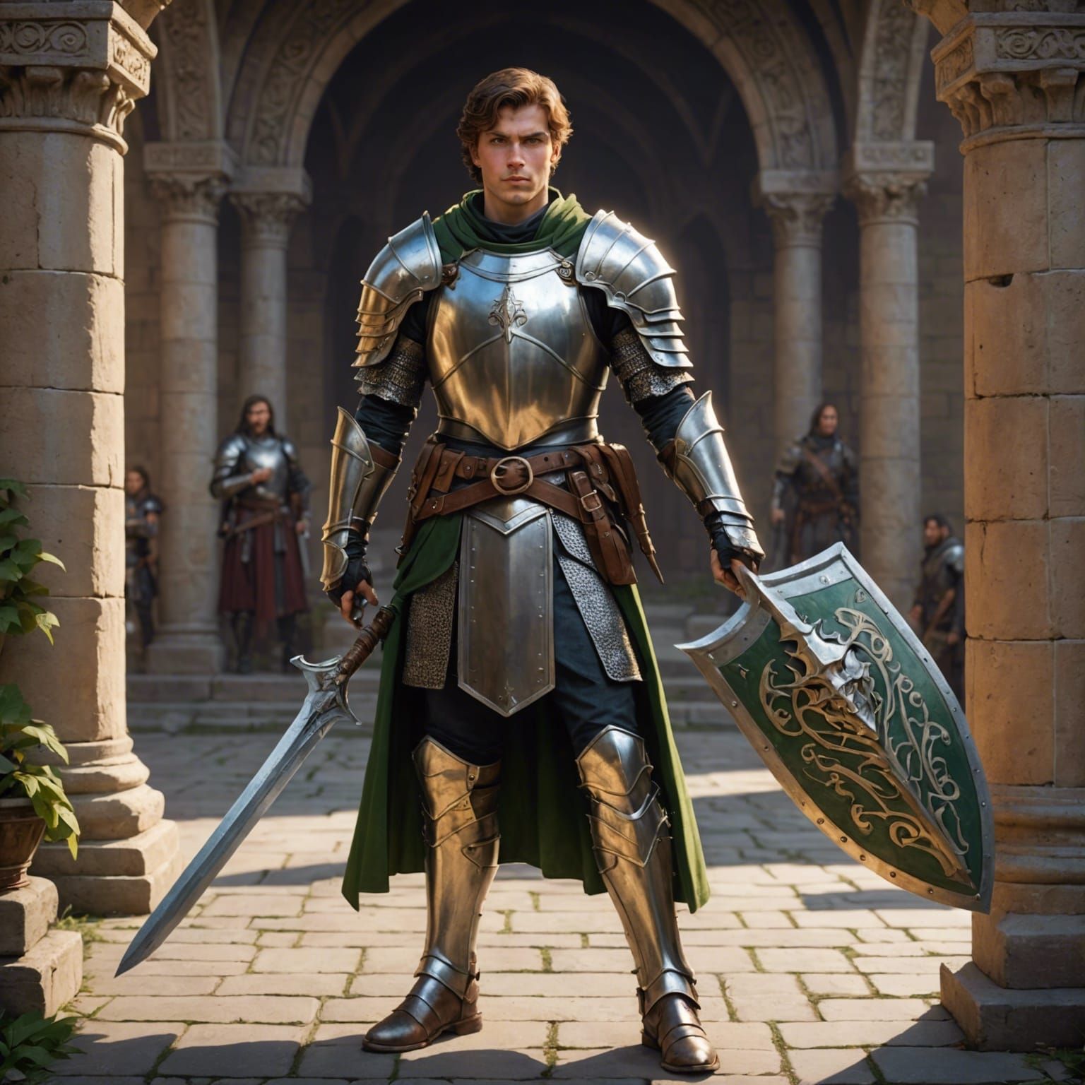 Young Paladin and Warhorse Before Temple