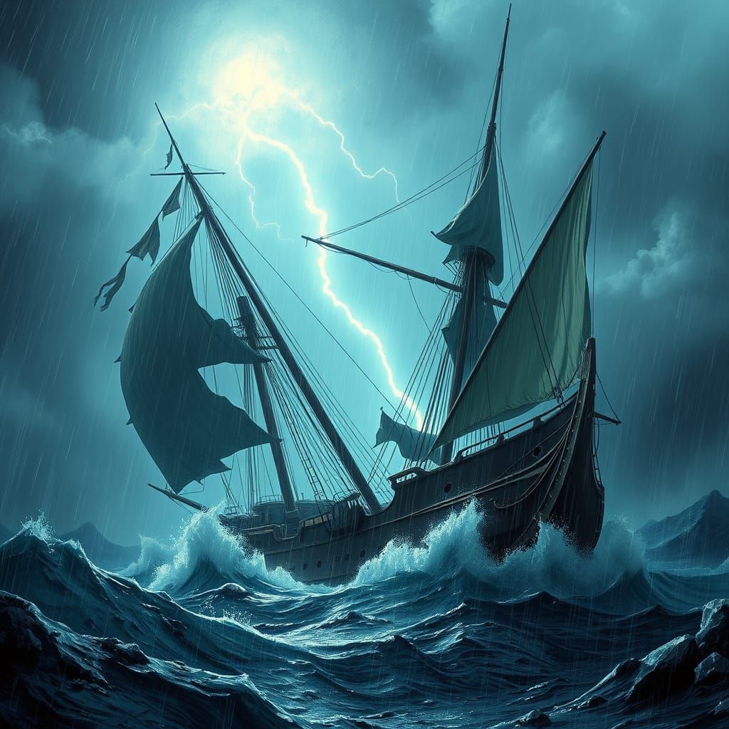 Sailing Ship in Tempestuous Storm, Dramatic Seascape