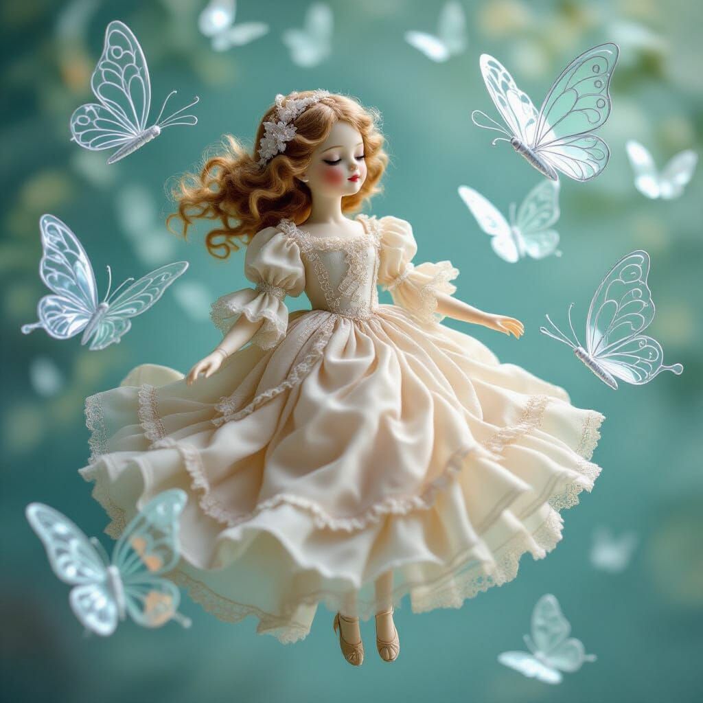 Porcelain Doll Floats Among Glass Butterflies