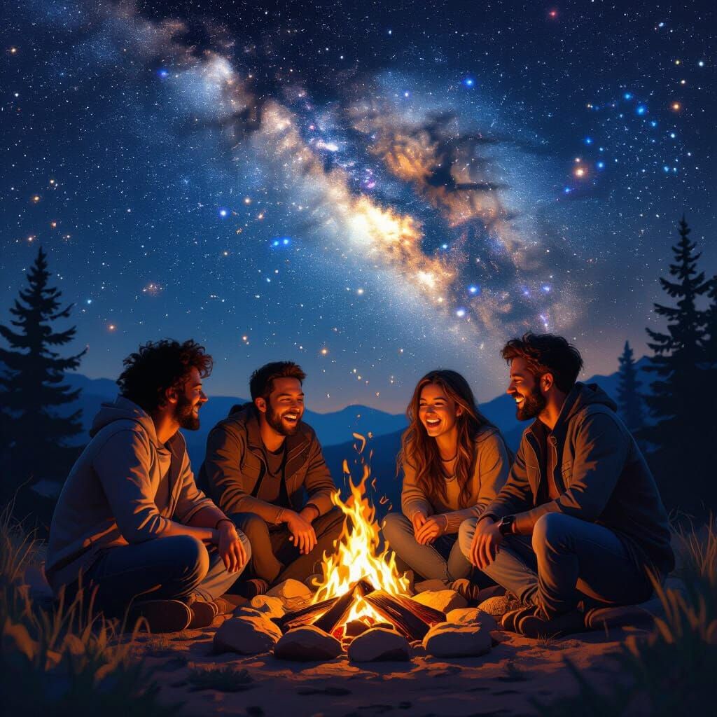 Friends Laughing by Campfire Under Stunning Milky Way