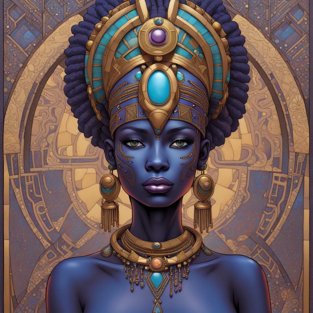 Blue-Skinned African Woman in Psychedelic Art Nouveau Style
