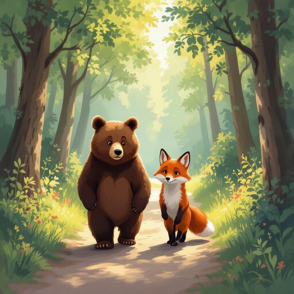 Brown Bear and Red Fox Walk Forest Path in Storybook Style
