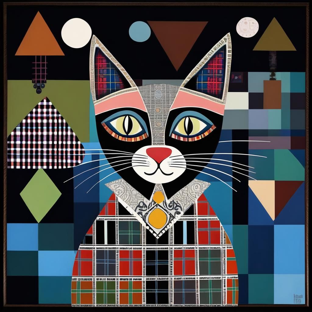 Whimsical Plaid Cat in Folk Art Style