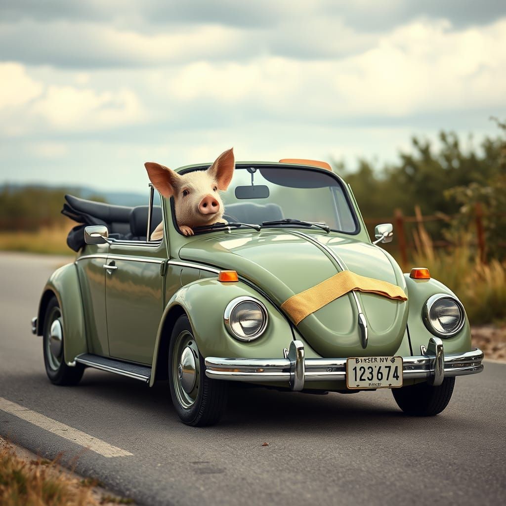 A Heroic Pig Cruises in a Vintage VW Bug Convertible