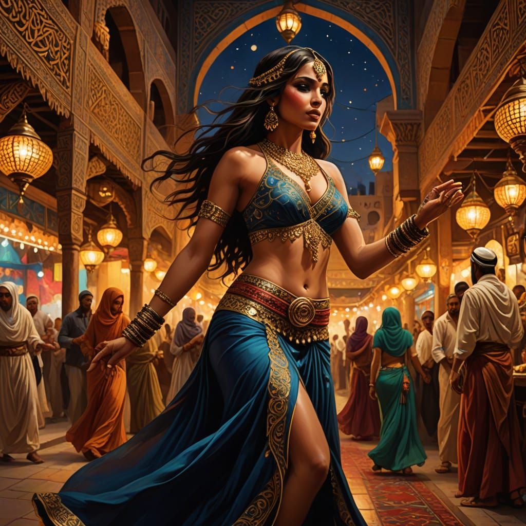 Arab Belly Dancer in Vibrant Night Marketplace