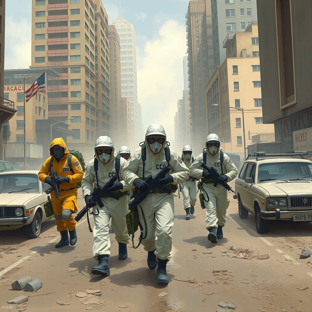 Hazmat Team Navigating a Post-Apocalyptic Cityscape