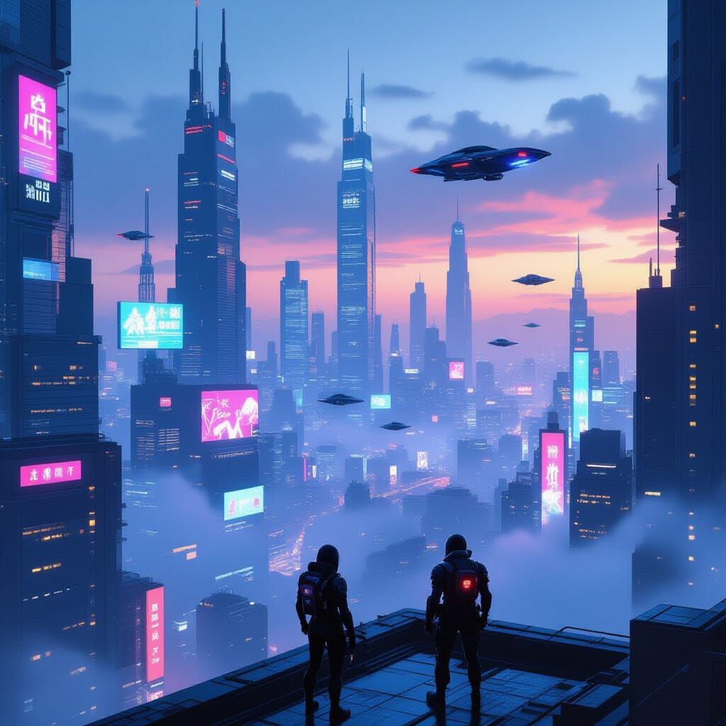 Cyberpunk Cityscape with Flying Vehicles at Twilight