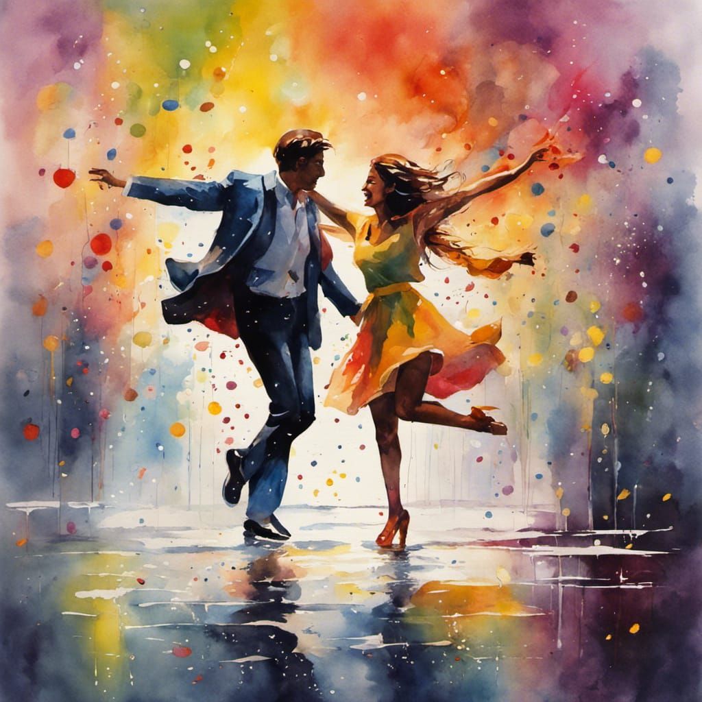 Watercolor Painting of Two People Dancing in Rain