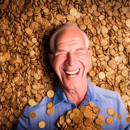 Happy Grandpa in a pile of pennies
