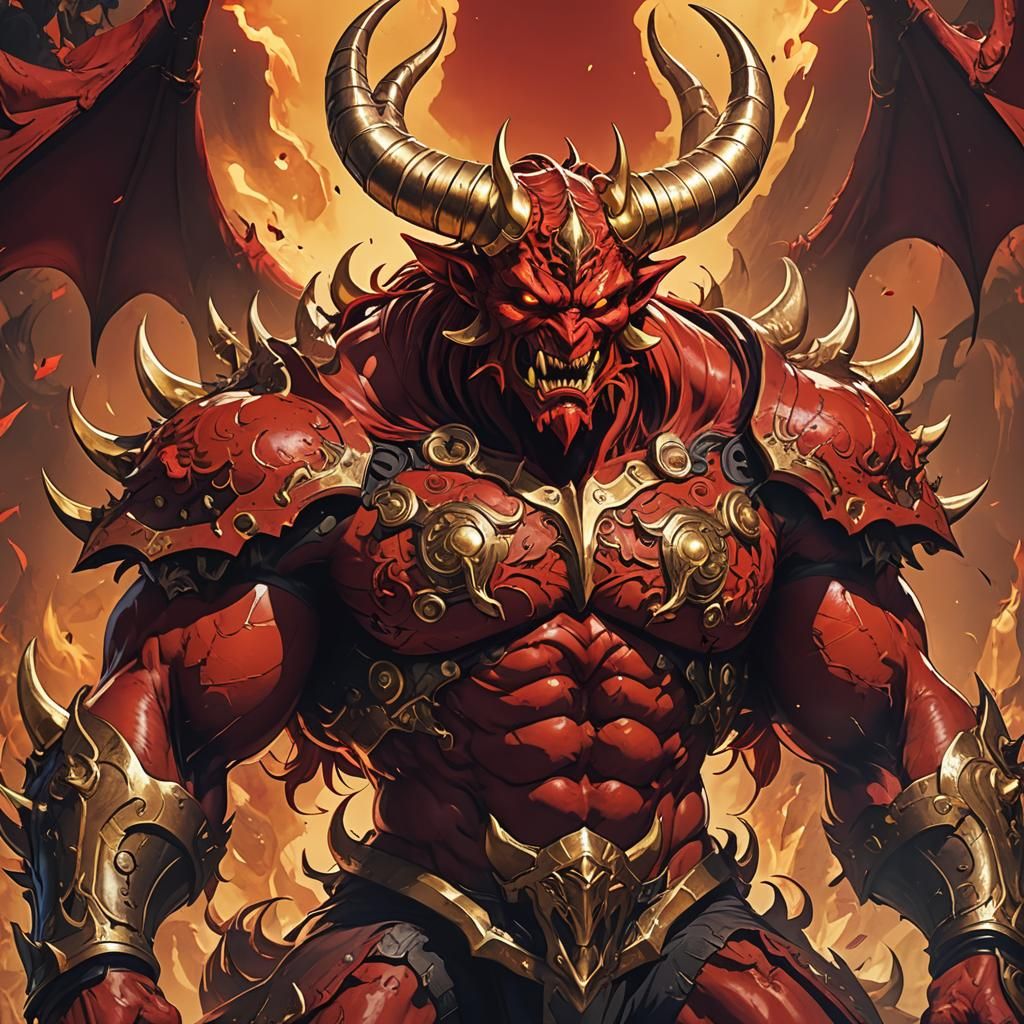 Gigantic Red Demon with Golden Horns in Anime Style