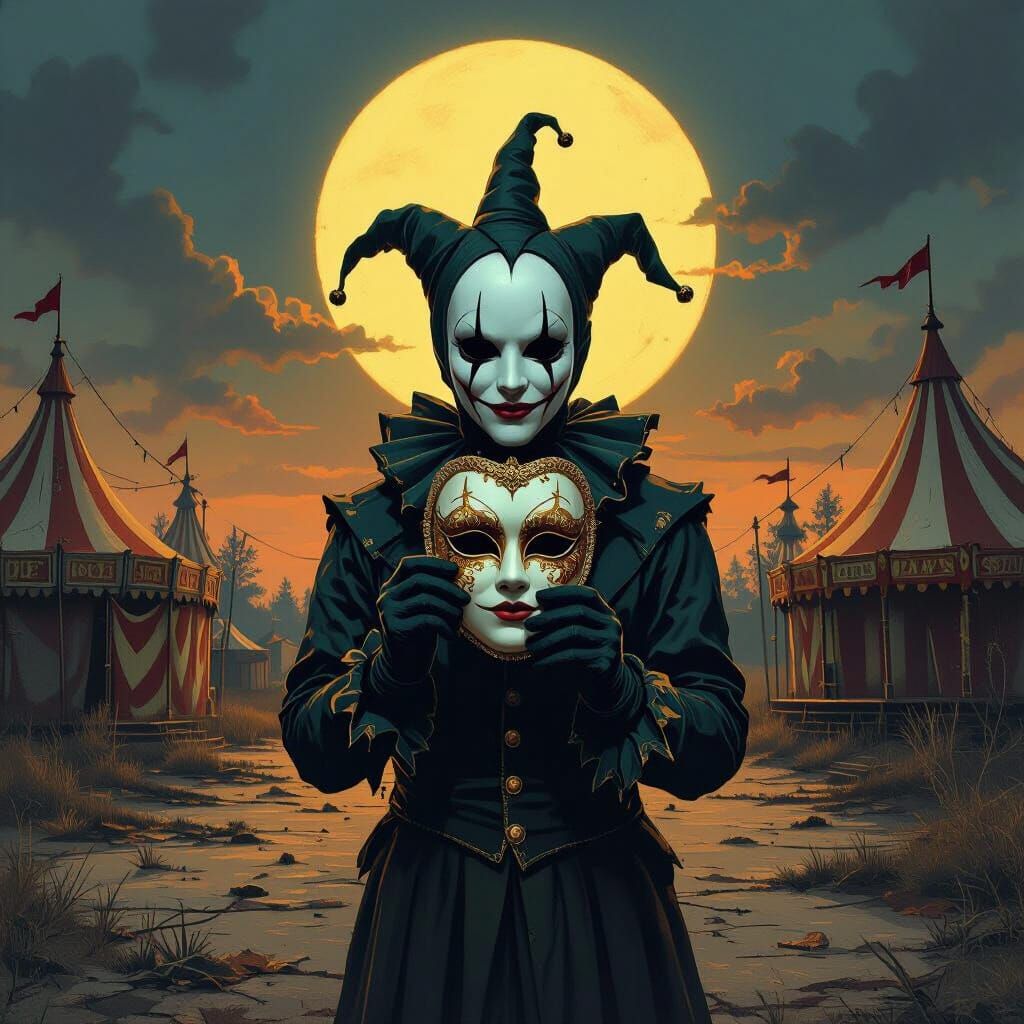 Faceless Jester Holds Carnival Mask in Abandoned Fairground