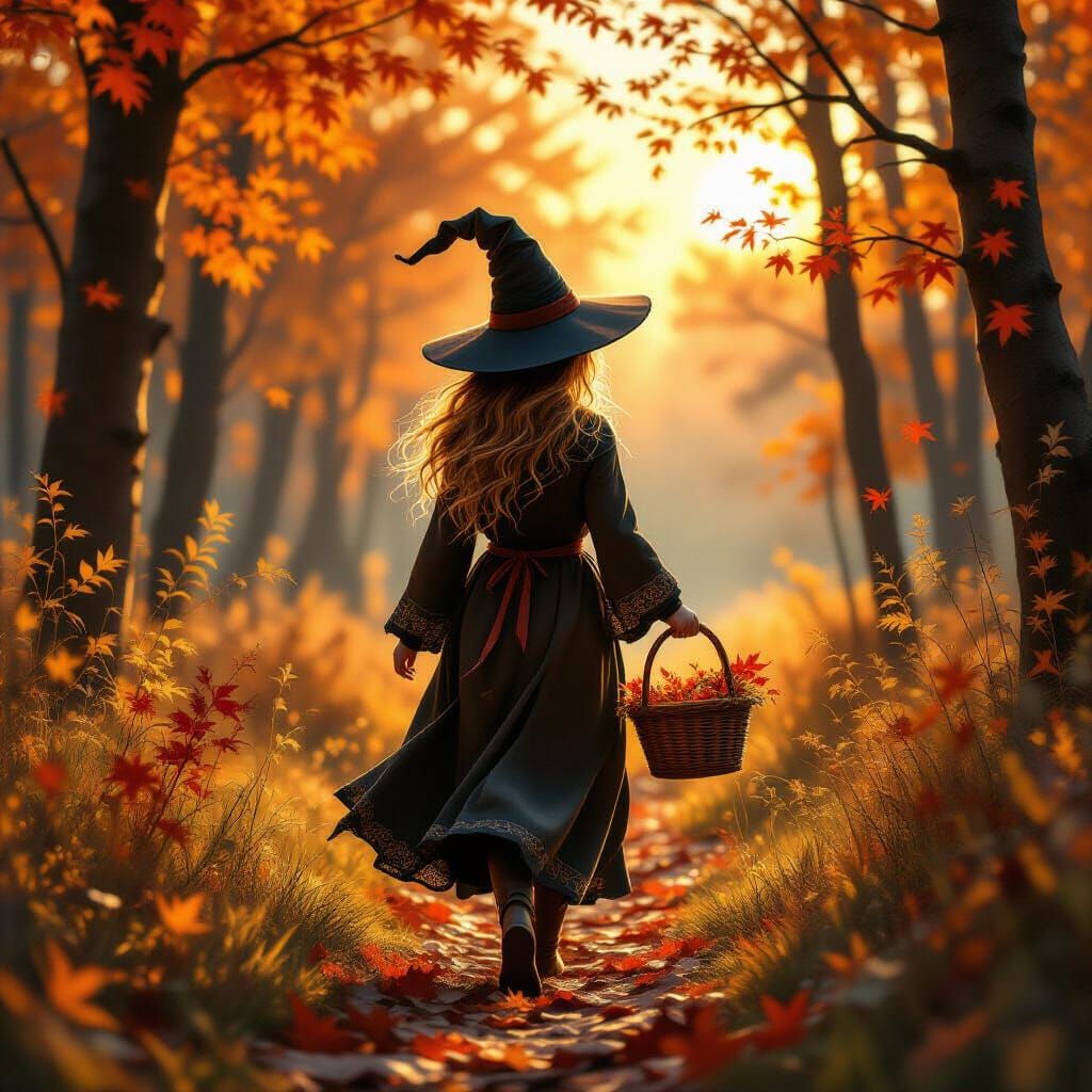 Cozy Autumn Witch Apprentice Gathering Herbs at Sunrise