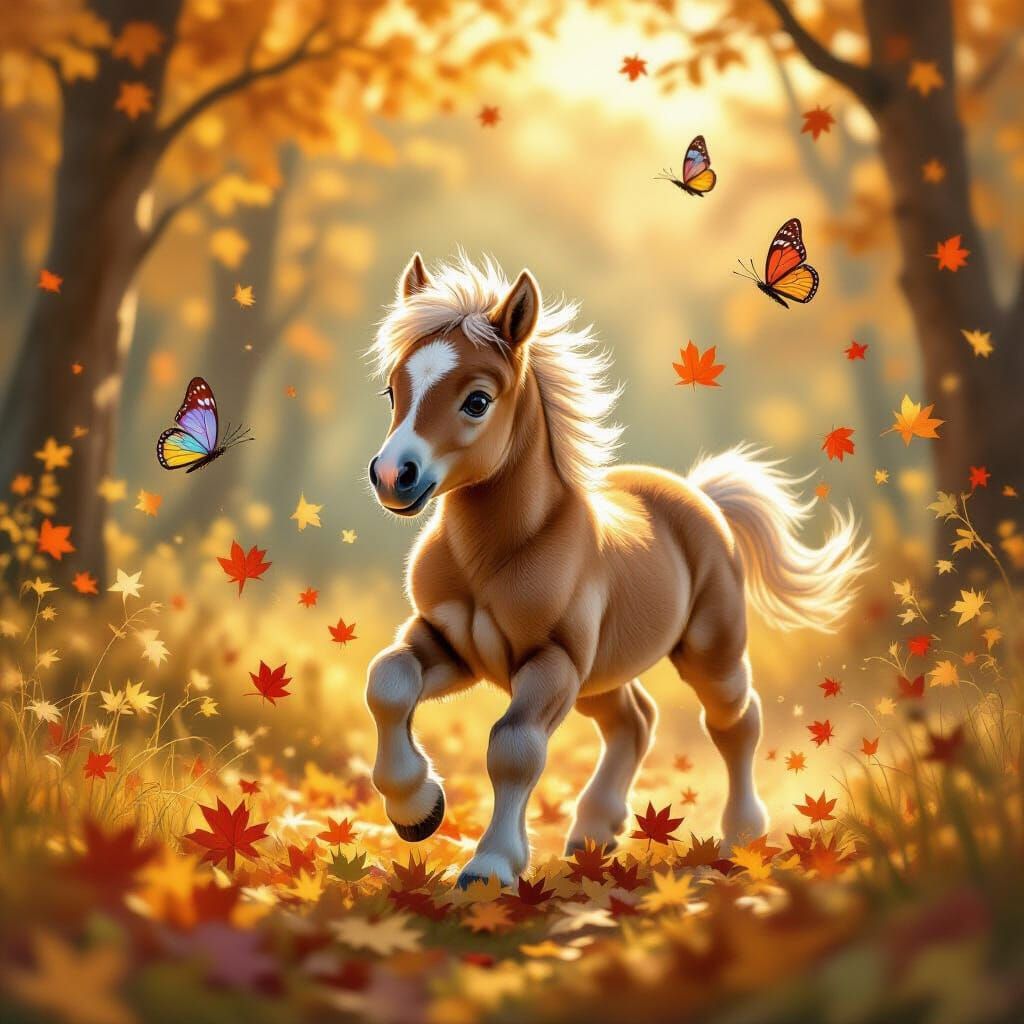 Fluffy Colt Frolicking in Autumn Forest Clearing
