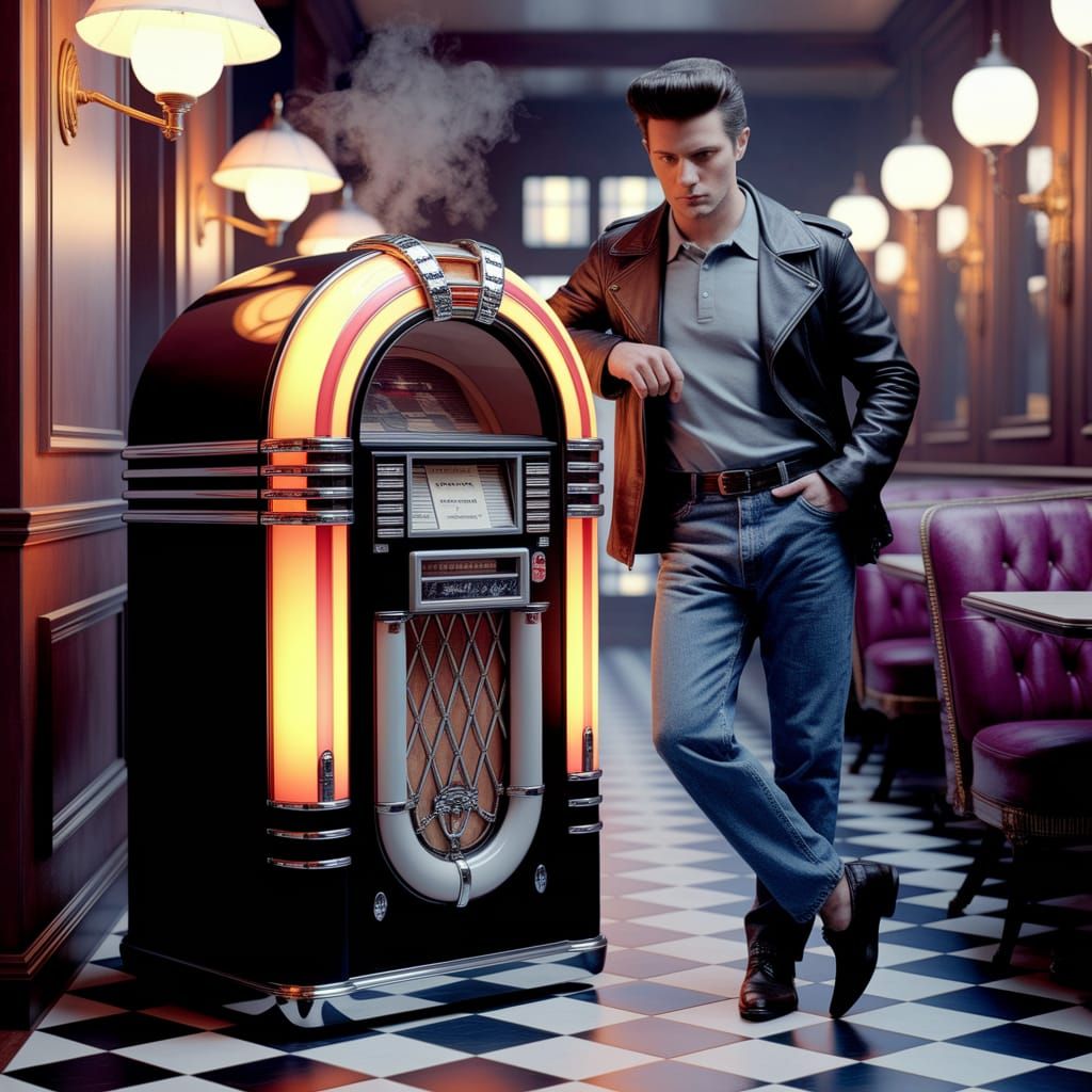 Man Beside Jukebox in Eggleston Style Photograph