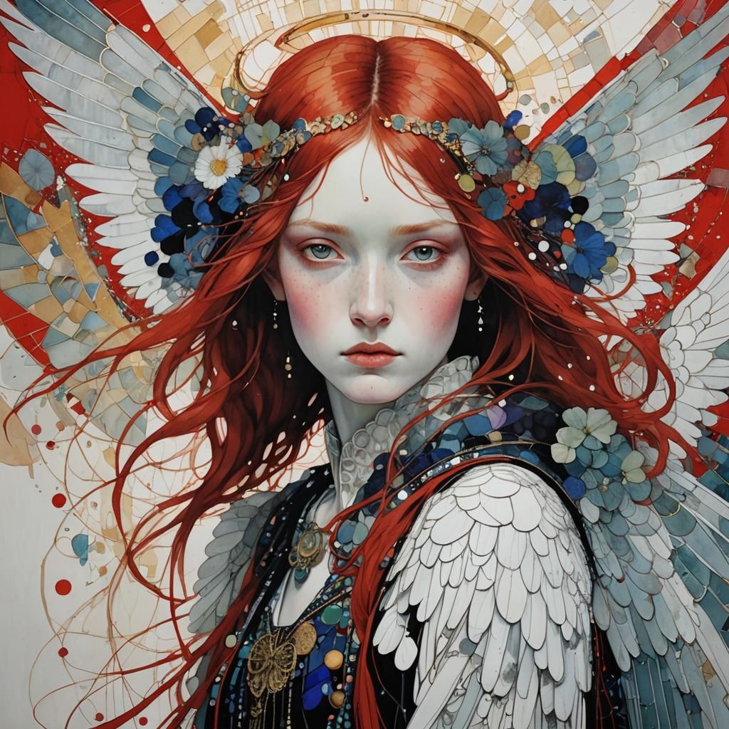 Romantic Red-Haired Angel with White Wings