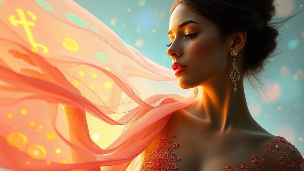 Woman in Ethereal Opal Attire with Vibrant Energy Aura and G...