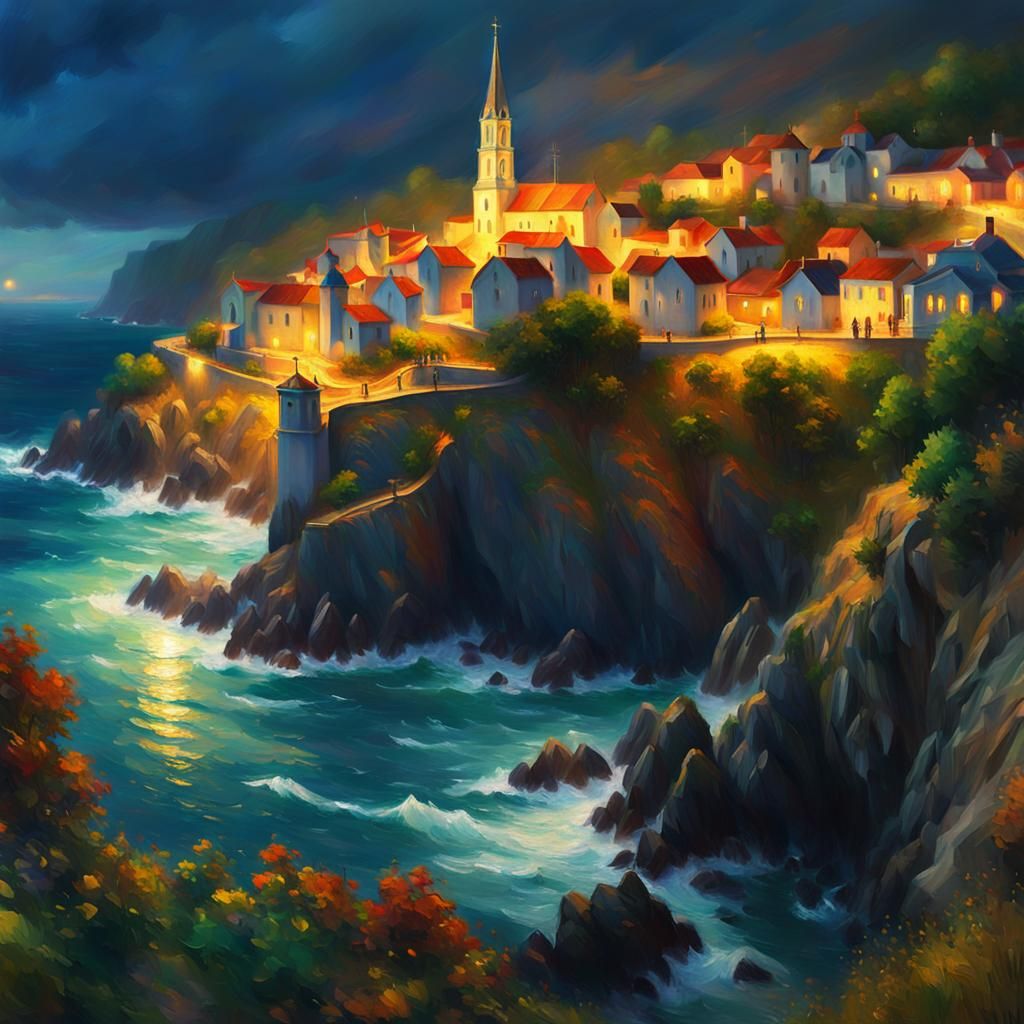Impressionist Village Church Overlooking Raging Sea