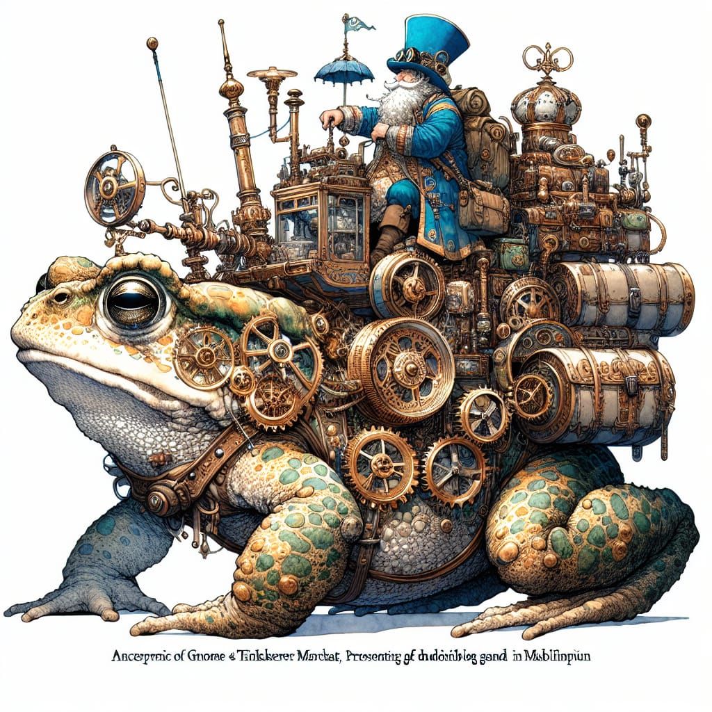 Steampunk Gnome Merchant on a Gear-Engraved Toad