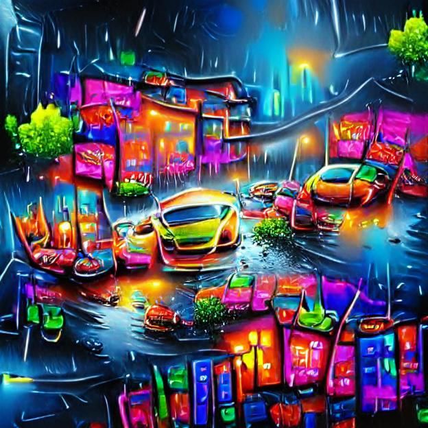 Neon Cityscape at Night in the Rain