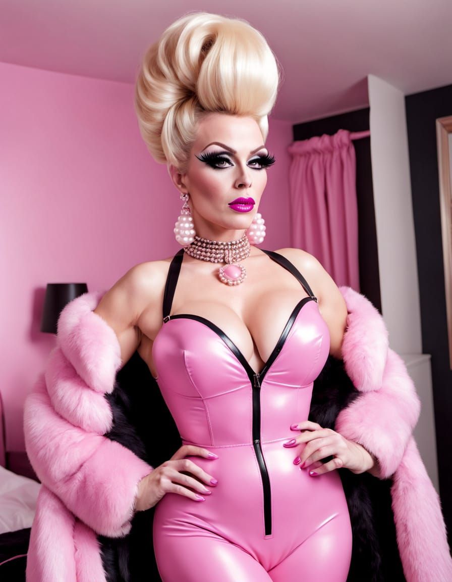Blonde Drag Queen in Pink Fur and Beehive Hair