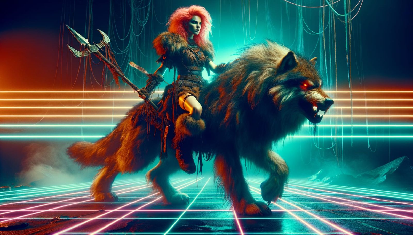 Barbarianna riding a direwolf.