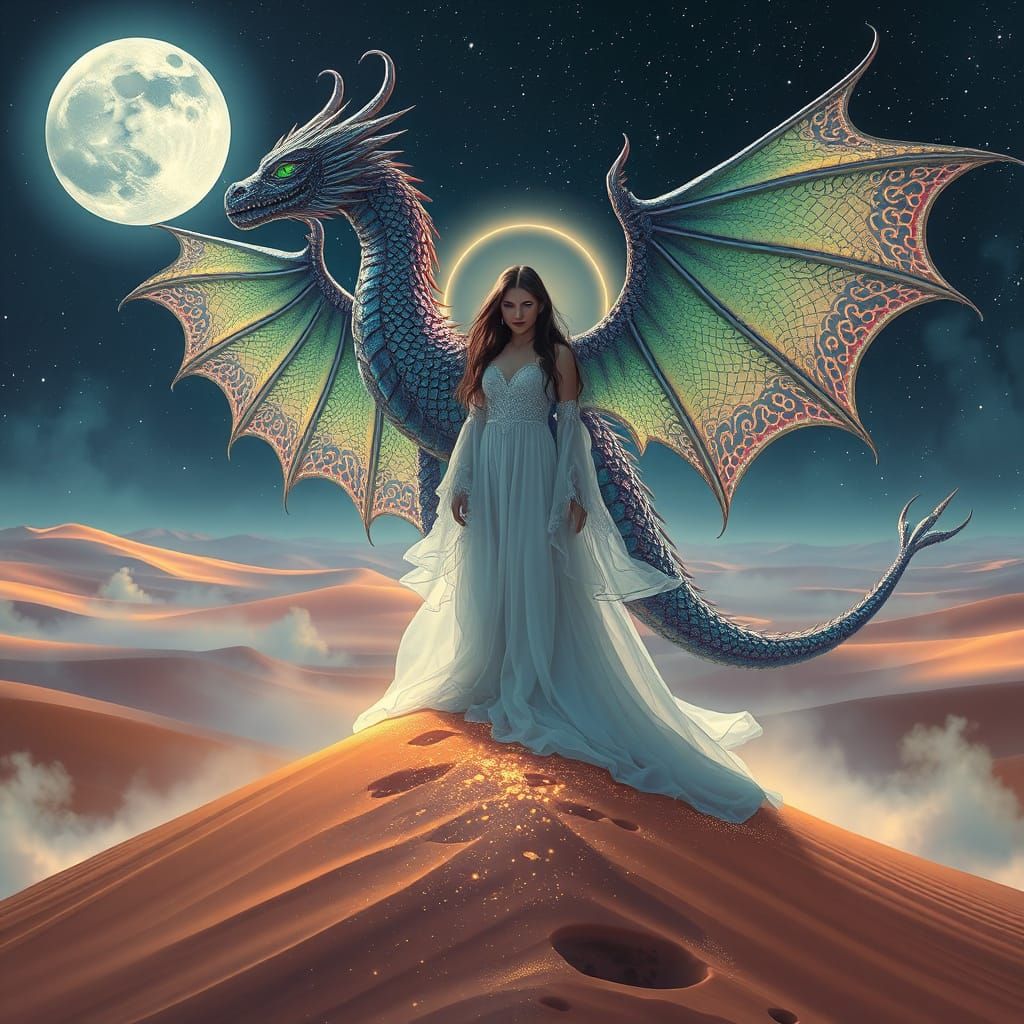 Mystical Oasis with Sorceress and Rainbow-Plumed Dragon