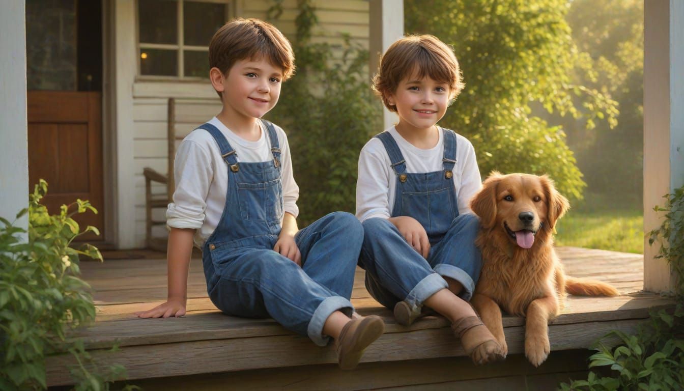 Young Boy and Loyal Dog Bask in Warm Sunlight on a Cozy Porc...