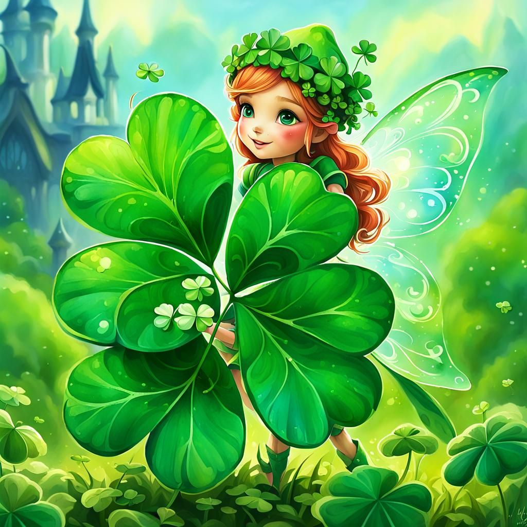 Luck Fairy Planting Four Leaf Clover in Watercolor