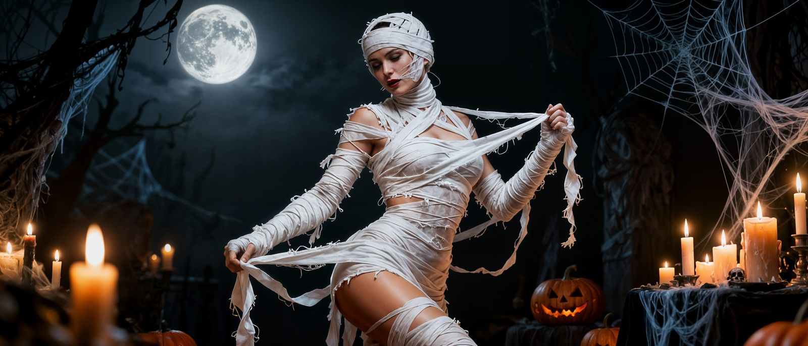 Sexy Mummy Unwrapping for Halloween 4K Wallpaper