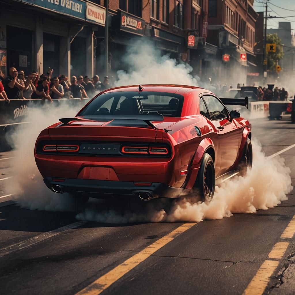 Red Dodge Demon Burnout in Detailed Matte Painting