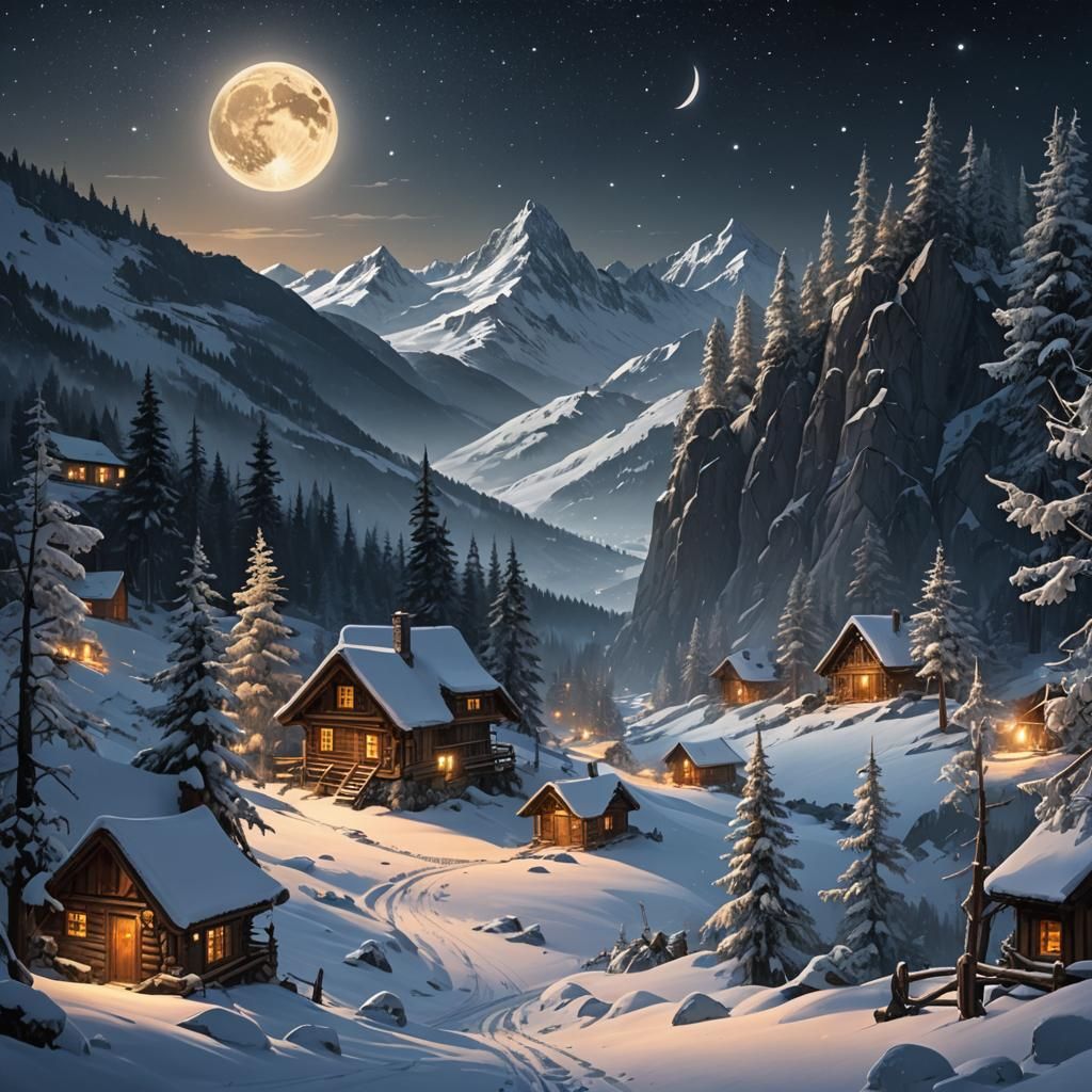 Moonlit Winter Alpine Landscape in Dark Fantasy Style