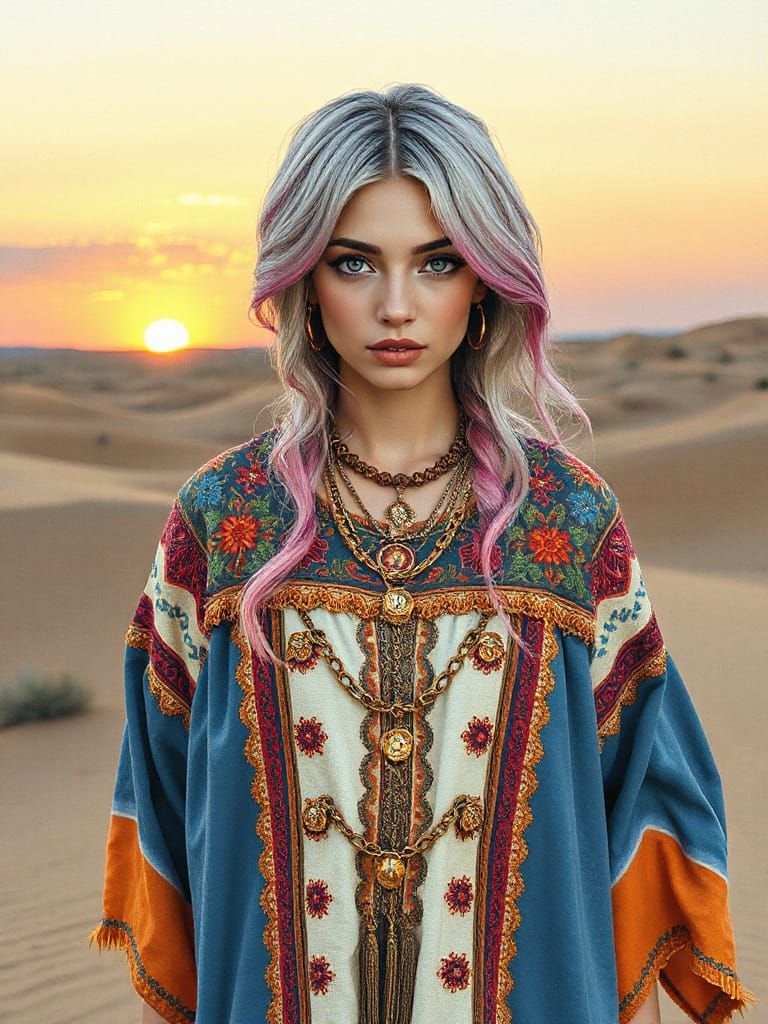 Bedouin Priestess in Desert Sunset, Mixed Media Aesthetic