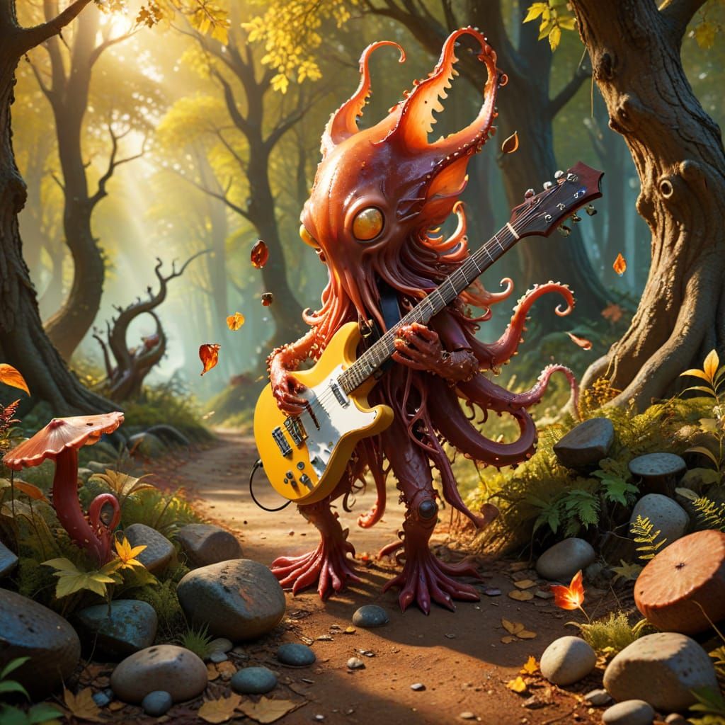 Surreal Bloody Squid Dances in Sunlit Forest