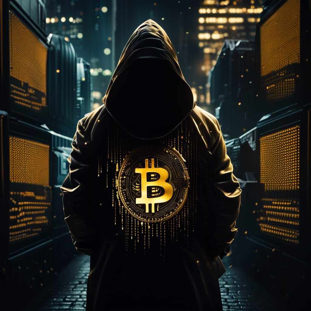 Hacker in Dark City with Gold and Bitcoin