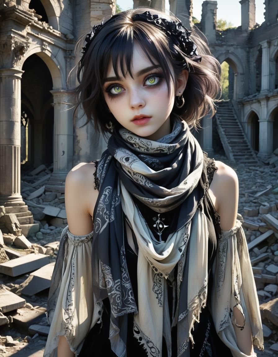 Gothic Woman in Ruins with Wide Angle Lens