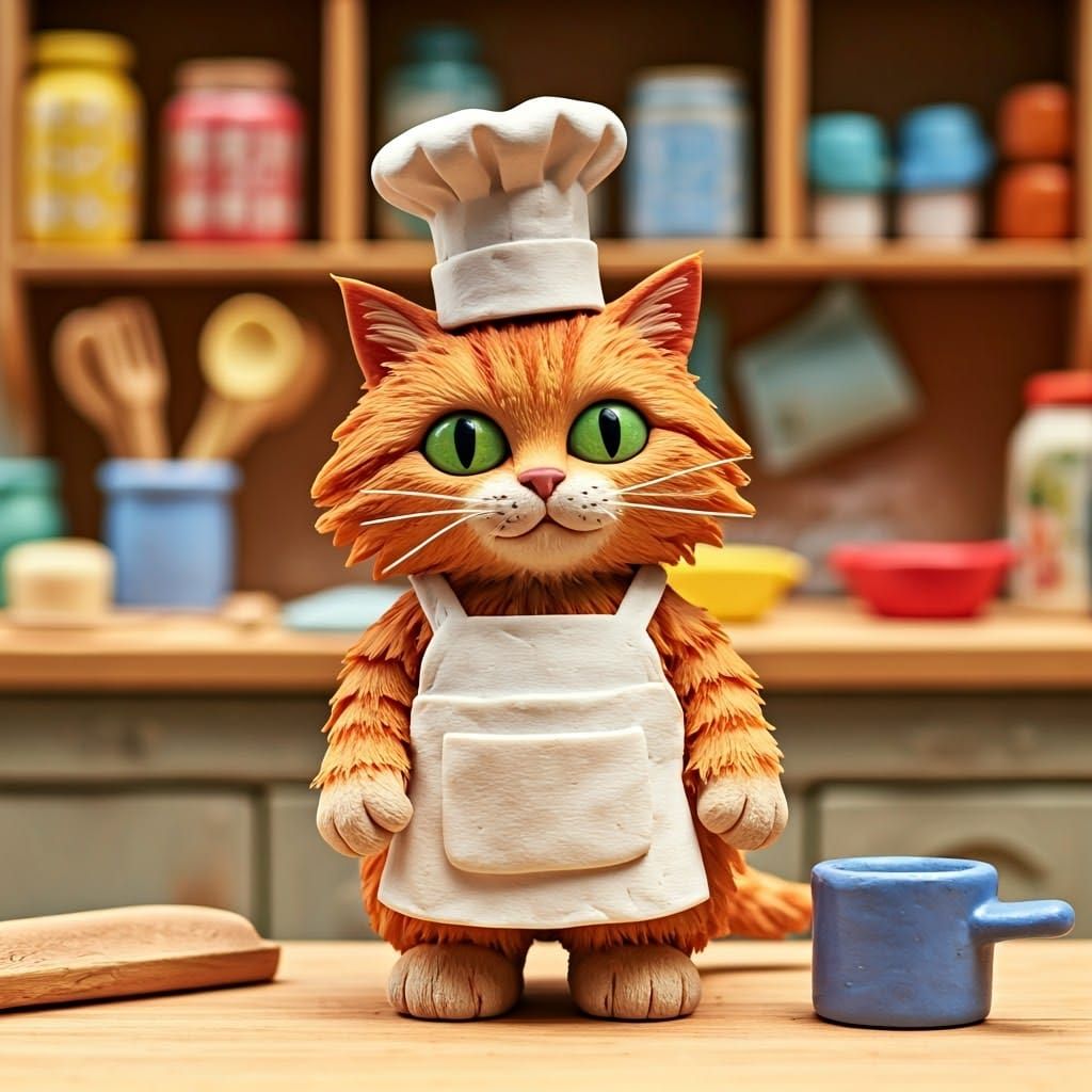 Ginger Chef Cat in Whimsical Claymation Kitchen