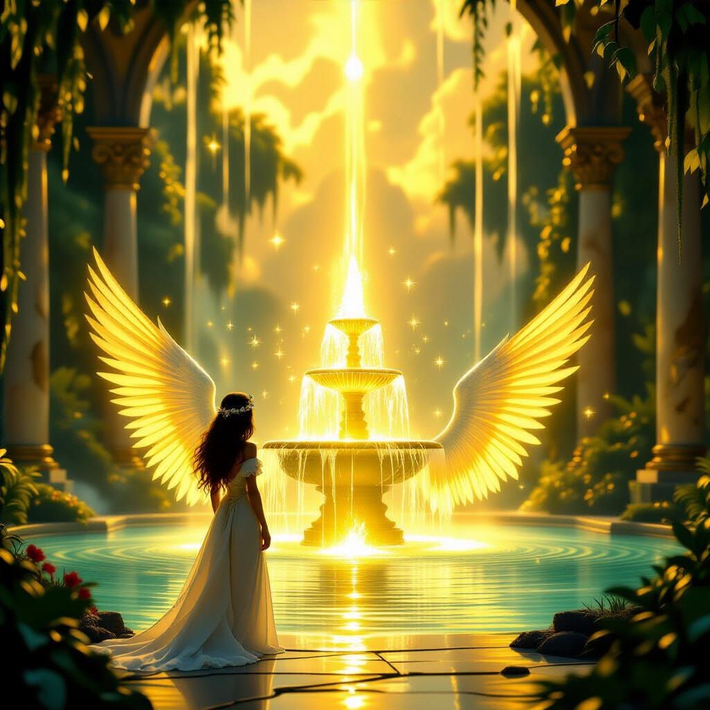 Angel Before Golden Fountain of Youth in Ethereal Fantasy St...