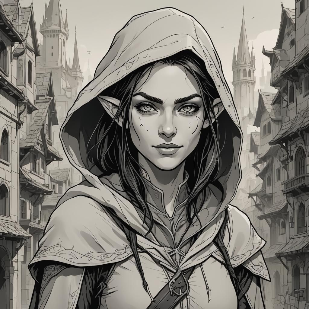 Elven Rogue Portrait in Minimalist Line Art