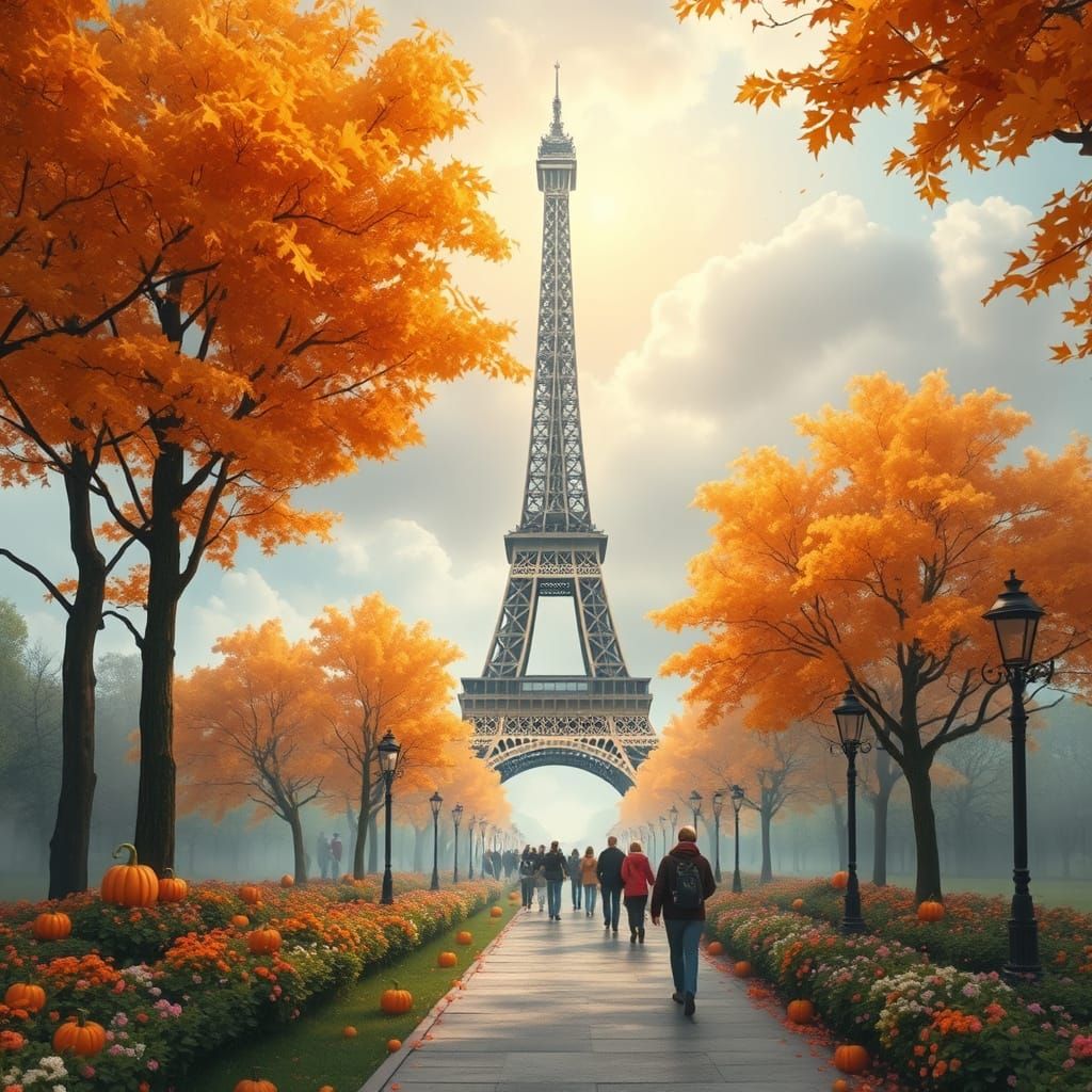 Eiffel Tower in Autumn Fantasy Landscape