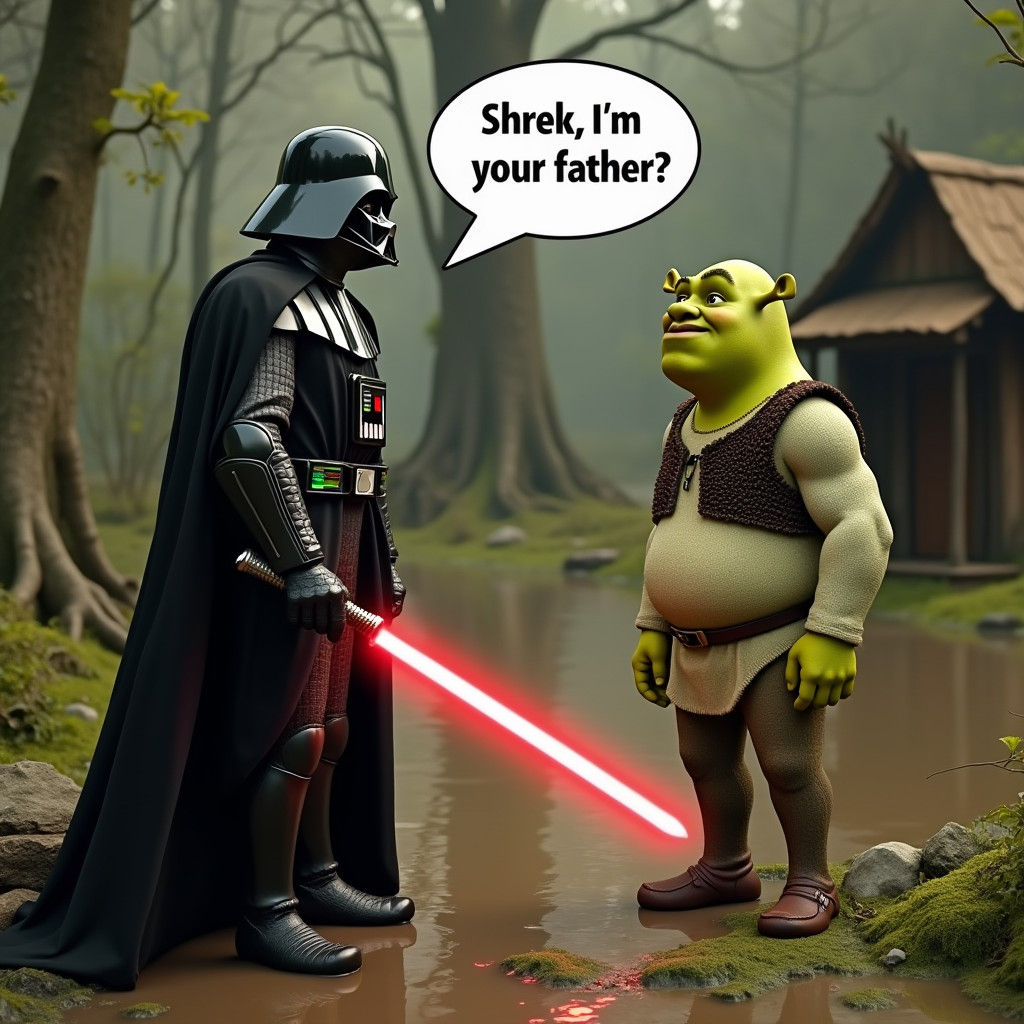 Darth Vader Meets Shrek in Whimsical Swamp Scene