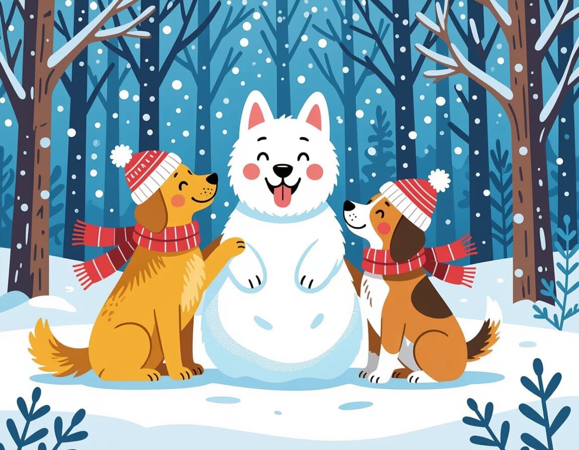 Dogs Build Snow Dog in Vibrant Illustrated Style