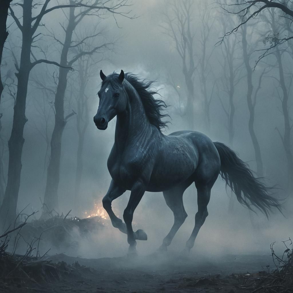 Ethereal Thestral in Foggy Dark Fantasy Landscape