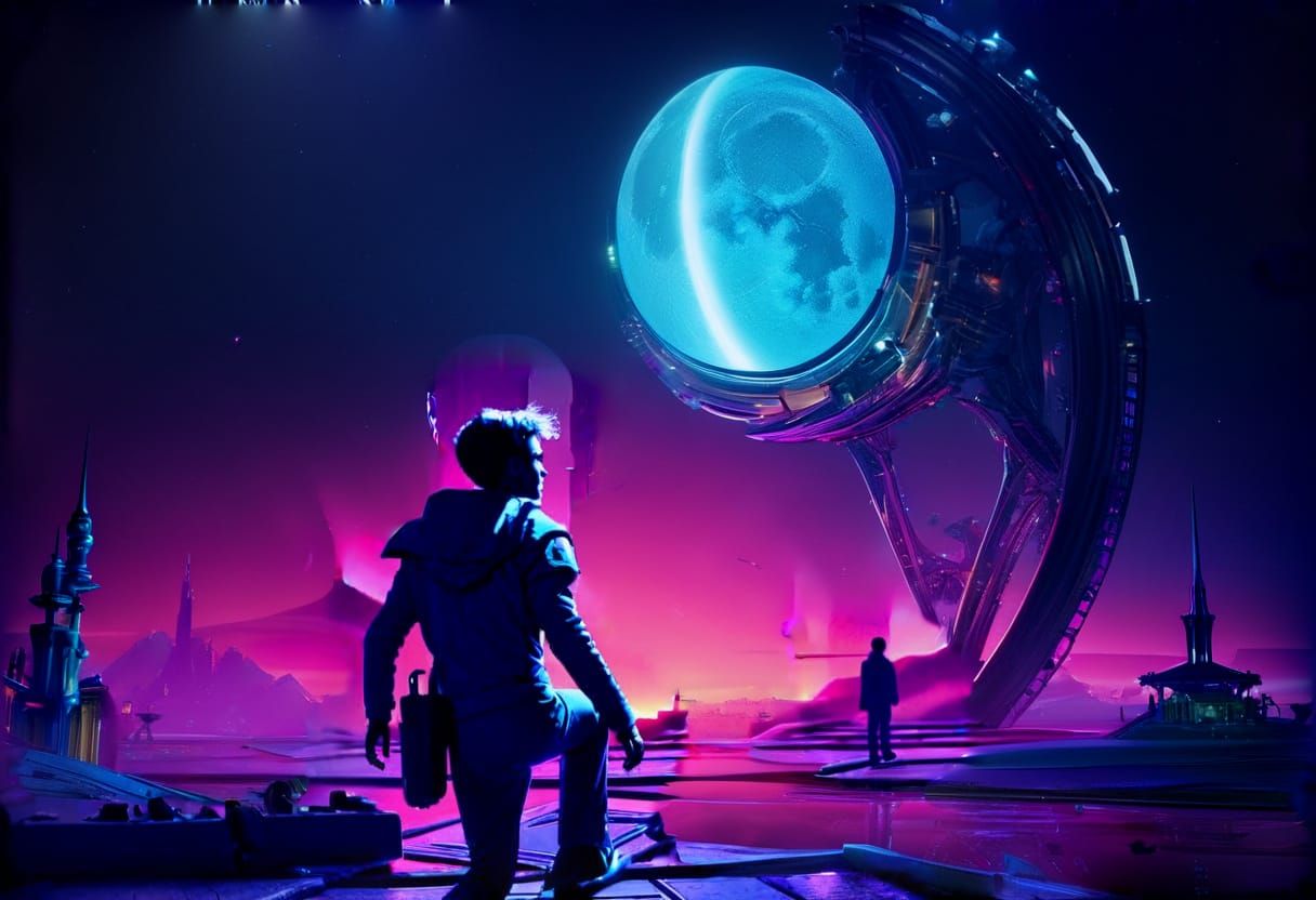 Surreal Retro-Futuristic Embrace in Neon Moonlight